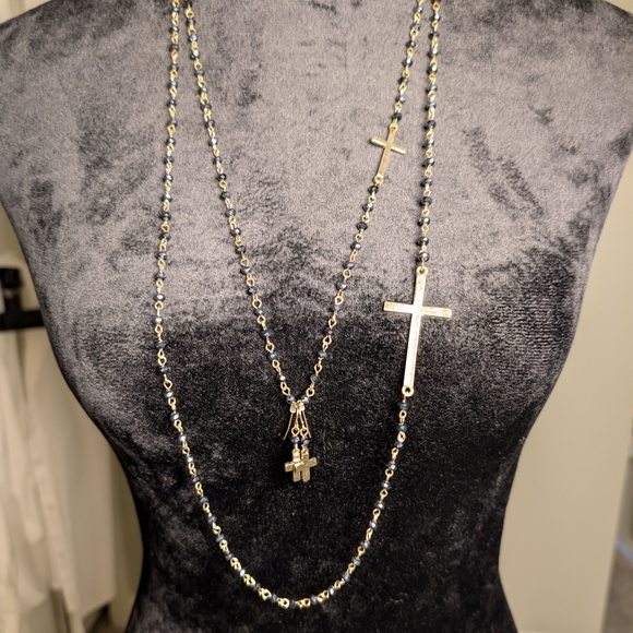 Elegant Dual-Tone Cross Necklace And Earrings - Picture 1 of 3